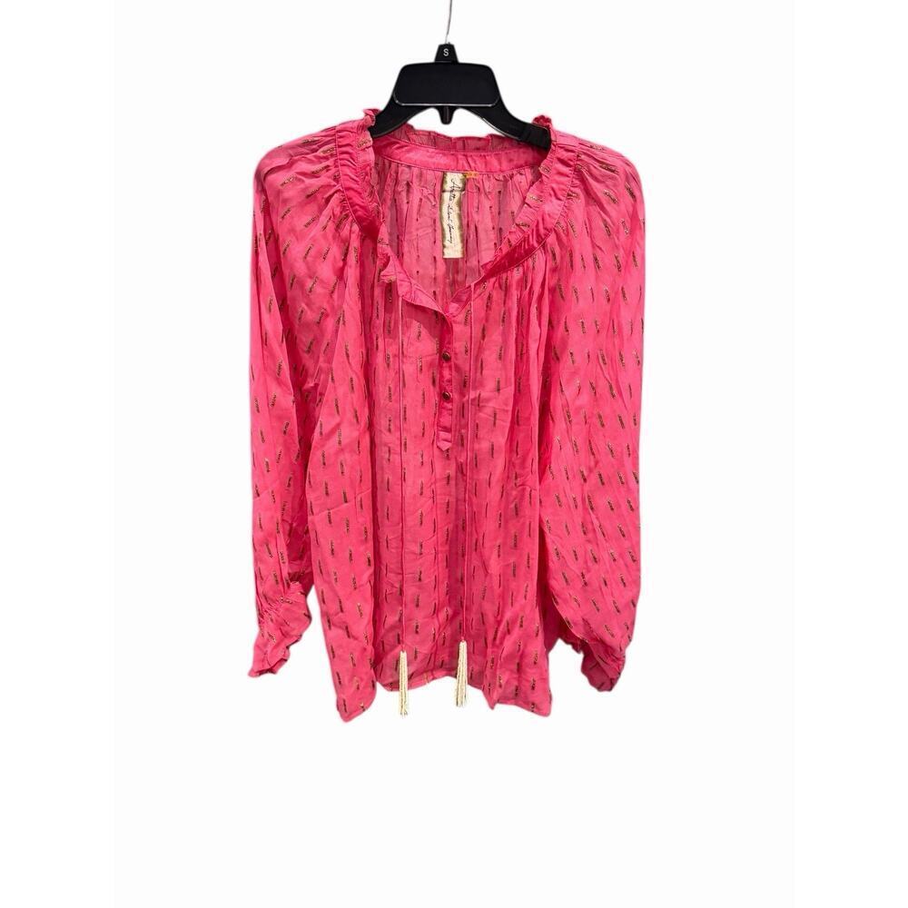 Aratta Maven Sheer Blouse Pink Metallic Gold Shimmer Beaded Tassels Womens XL
